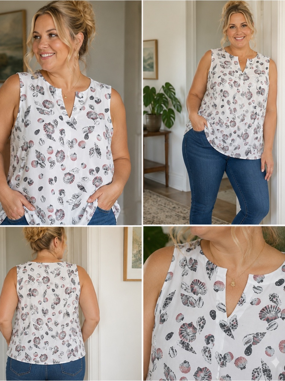 Liz Claiborne 🌺 Womens Split Crew Neck Sleeveless Top Shells Print Size 18